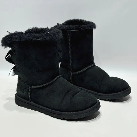 UGG Australia Bailey Bow II Black Suede Shearling Winter Boots Women's Size 6