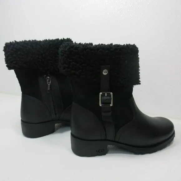 UGG Australia Black Bellevue 1914 Leather Shearling Zip Fold Over Moto Boots 7
