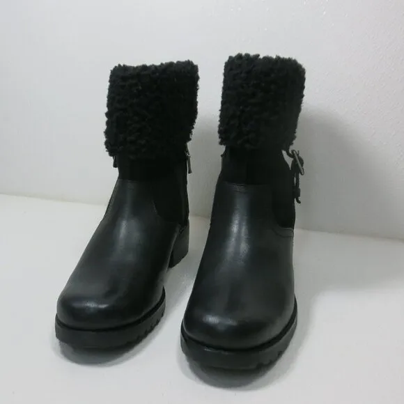 UGG Australia Black Bellevue 1914 Leather Shearling Zip Fold Over Moto Boots 7