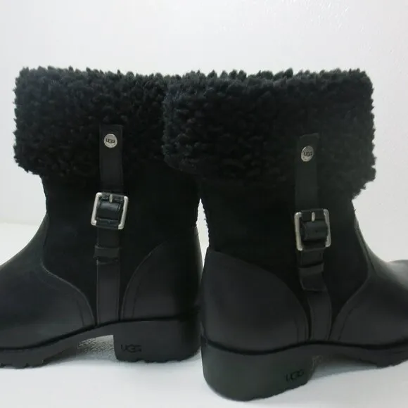 UGG Australia Black Bellevue 1914 Leather Shearling Zip Fold Over Moto Boots 7