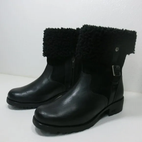 UGG Australia Black Bellevue 1914 Leather Shearling Zip Fold Over Moto Boots 7