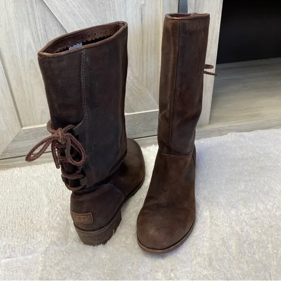 Ugg Australia Chocolate Brown Suede Leather Back Lace Heeled Calf Boots