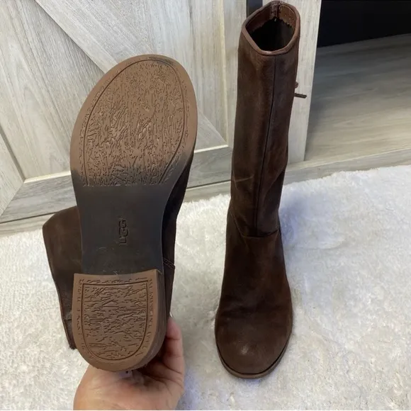 Ugg Australia Chocolate Brown Suede Leather Back Lace Heeled Calf Boots