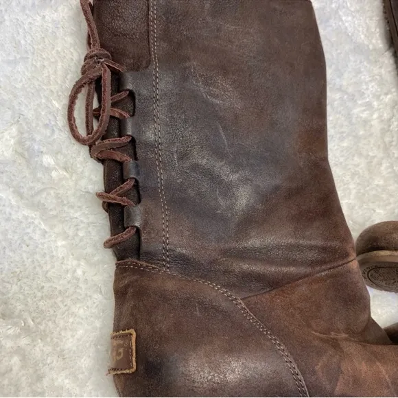 Ugg Australia Chocolate Brown Suede Leather Back Lace Heeled Calf Boots