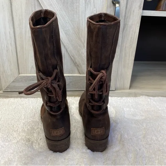 Ugg Australia Chocolate Brown Suede Leather Back Lace Heeled Calf Boots