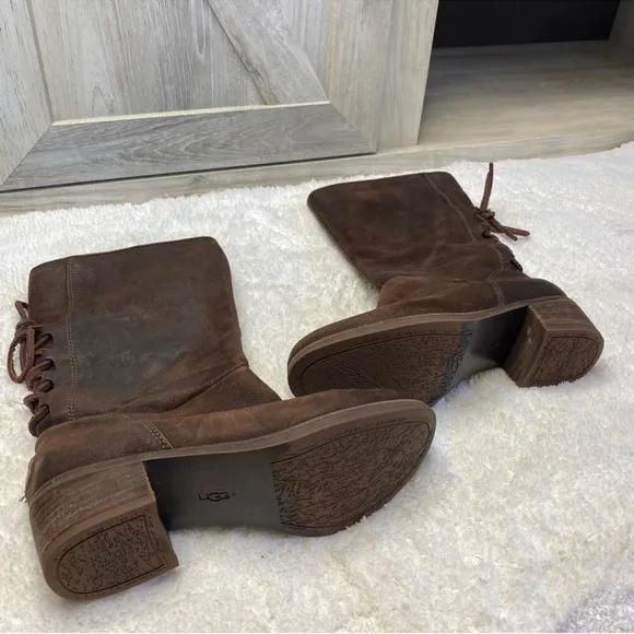 Ugg Australia Chocolate Brown Suede Leather Back Lace Heeled Calf Boots