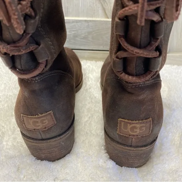 Ugg Australia Chocolate Brown Suede Leather Back Lace Heeled Calf Boots