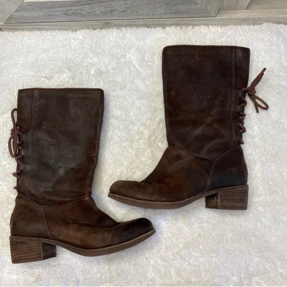 Ugg Australia Chocolate Brown Suede Leather Back Lace Heeled Calf Boots