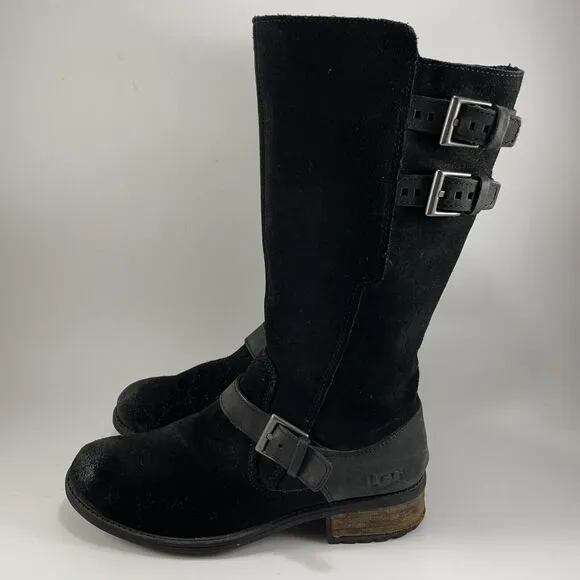 UGG Australia Everglayde Black Suede Leather Biker Boots Womens Size 8.5 Moto