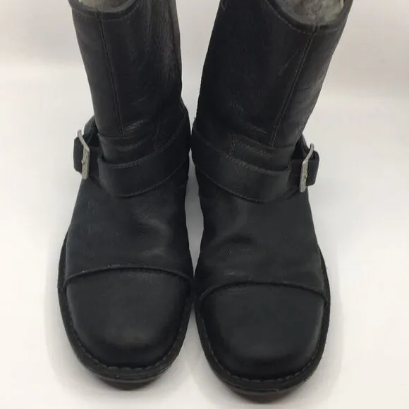UGG Australia Lancing Black Leather Sherpa Lined Mid Ankle Moto Boots Sz 12