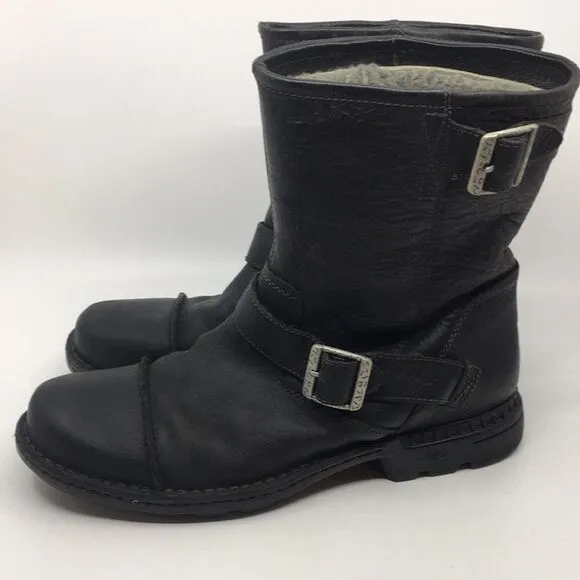 UGG Australia Lancing Black Leather Sherpa Lined Mid Ankle Moto Boots Sz 12