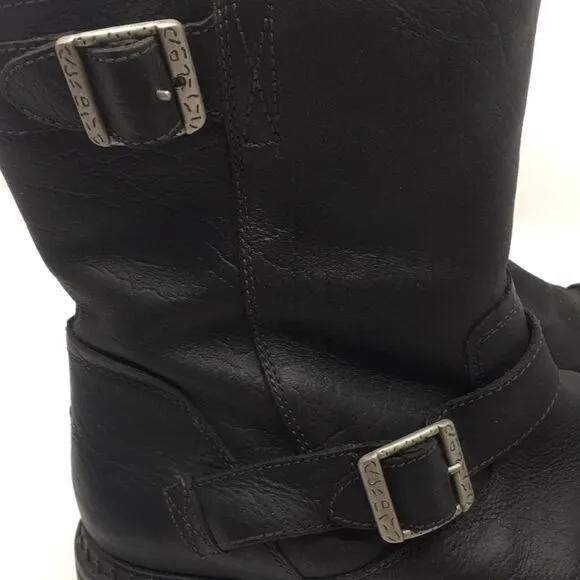 UGG Australia Lancing Black Leather Sherpa Lined Mid Ankle Moto Boots Sz 12