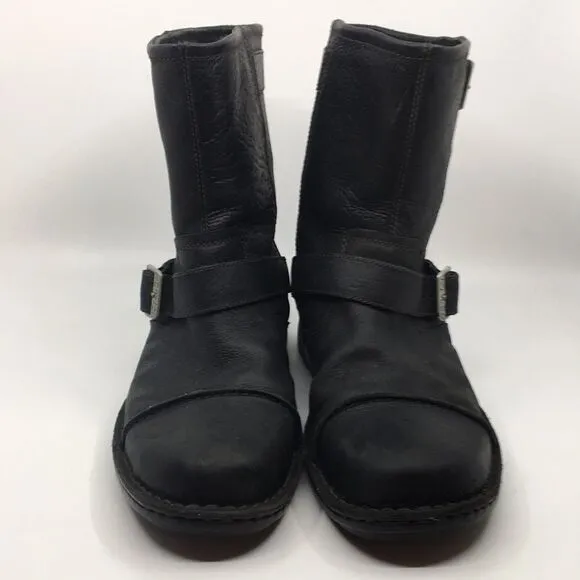 UGG Australia Lancing Black Leather Sherpa Lined Mid Ankle Moto Boots Sz 12