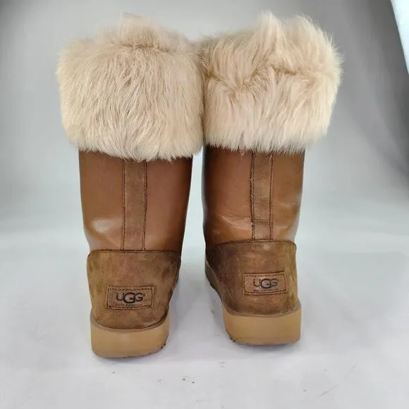 UGG AYA Brown Waterproof Leather Fur Boot US 8 Toscana Cuff Tall Snow Boots