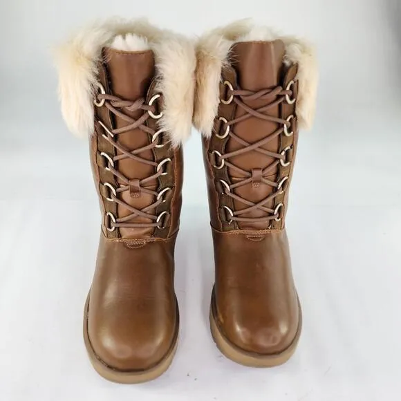 UGG AYA Brown Waterproof Leather Fur Boot US 8 Toscana Cuff Tall Snow Boots