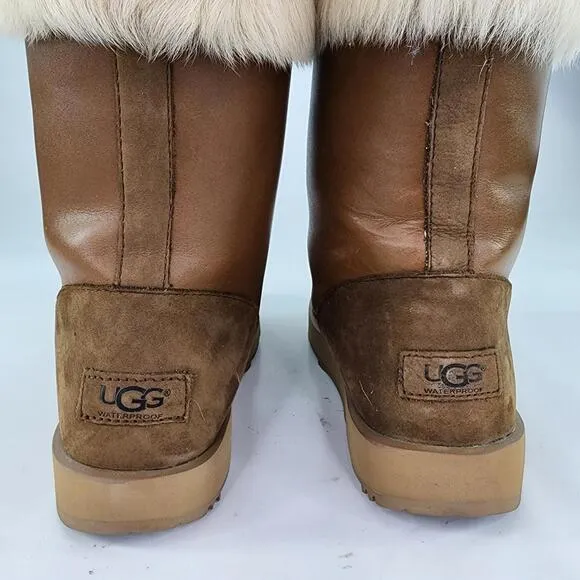 UGG AYA Brown Waterproof Leather Fur Boot US 8 Toscana Cuff Tall Snow Boots