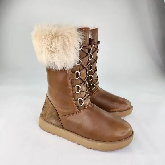 UGG AYA Brown Waterproof Leather Fur Boot US 8 Toscana Cuff Tall Snow Boots