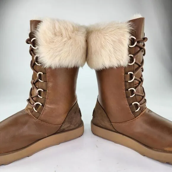 UGG AYA Brown Waterproof Leather Fur Boot US 8 Toscana Cuff Tall Snow Boots