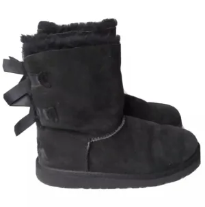 UGG Bailey Bow II Boots Big Kids Girls Size 5 Black Suede Sheepskin Lined 3280Y
