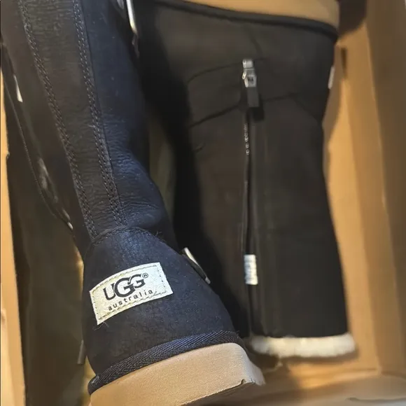 UGG Black Leather Boots with Shearling Lining