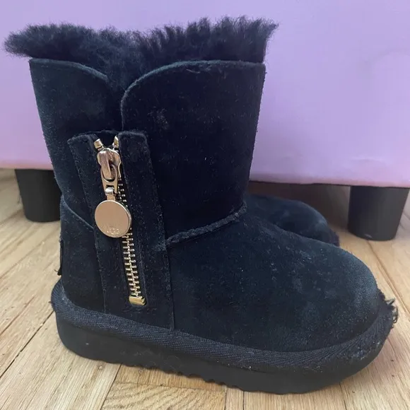 UGG Black Suede Boots with Gold Zipper