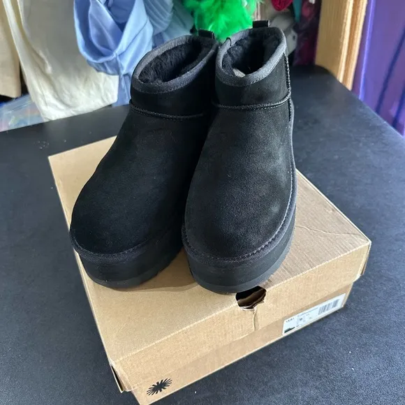 UGG Black Suede platform Ankle Boots