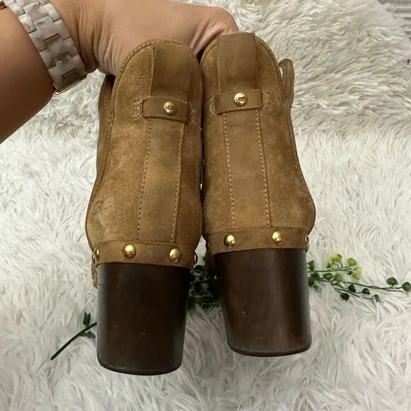 UGG Cam 2 Suede Sheepskin Chunky Heel Ankle Boots Side zip Chestnut Size 6