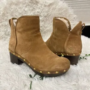 UGG Cam 2 Suede Sheepskin Chunky Heel Ankle Boots Side zip Chestnut Size 6
