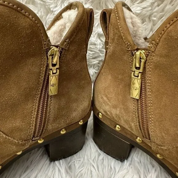 UGG Cam 2 Suede Sheepskin Chunky Heel Ankle Boots Side zip Chestnut Size 6