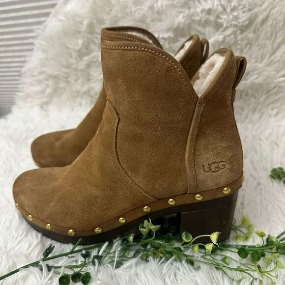 UGG Cam 2 Suede Sheepskin Chunky Heel Ankle Boots Side zip Chestnut Size 6