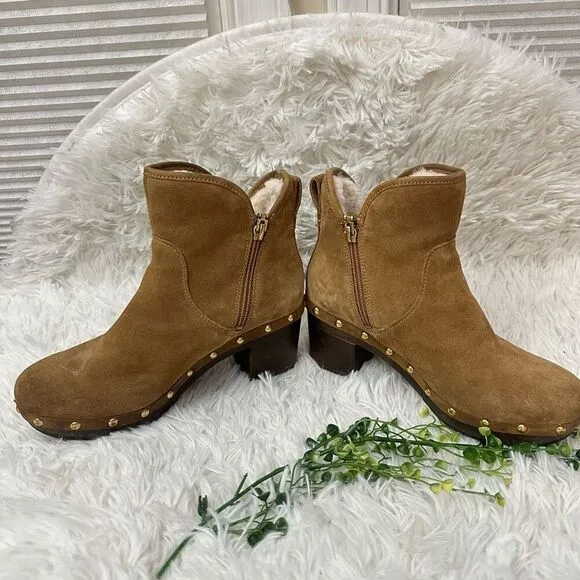 UGG Cam 2 Suede Sheepskin Chunky Heel Ankle Boots Side zip Chestnut Size 6