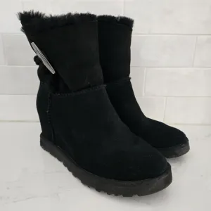 Ugg Classic Femme Hidden Wedge Black Suede Leather Ankle Boot Toggle Zip Size 6
