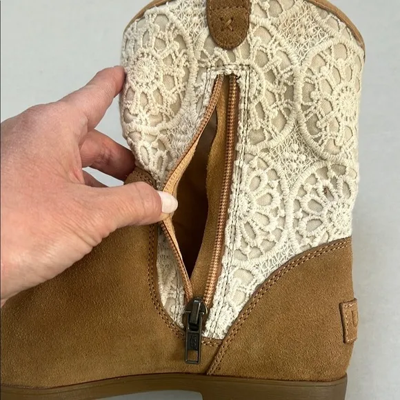 UGG Dahlia Lace Suede Beige Brown Western Boots Cowboy Cowgirl Boots Size 6.5