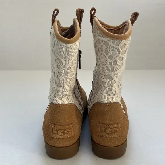 UGG Dahlia Lace Suede Beige Brown Western Boots Cowboy Cowgirl Boots Size 6.5