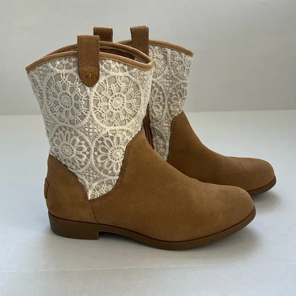 UGG Dahlia Lace Suede Beige Brown Western Boots Cowboy Cowgirl Boots Size 6.5