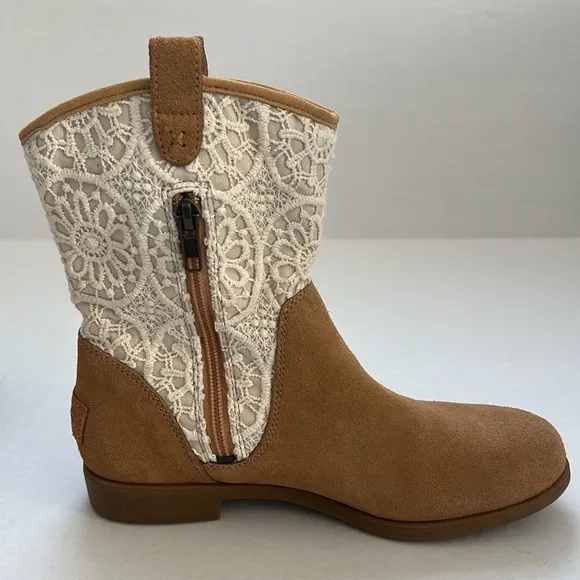 UGG Dahlia Lace Suede Beige Brown Western Boots Cowboy Cowgirl Boots Size 6.5