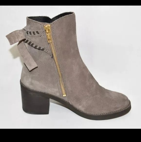 UGG Fraise Whipstitch Boots Suede Bow Back Stacked Heel Simply Taupe Sz 6 NEW