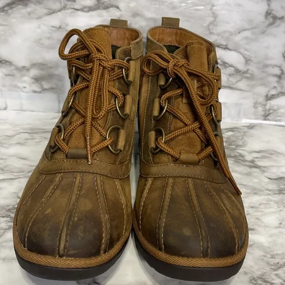 Ugg Hather Ankle Boots Booties Brown Leather Low Block Heel Waterproof 7.5