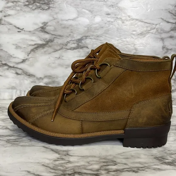 Ugg Hather Ankle Boots Booties Brown Leather Low Block Heel Waterproof 7.5