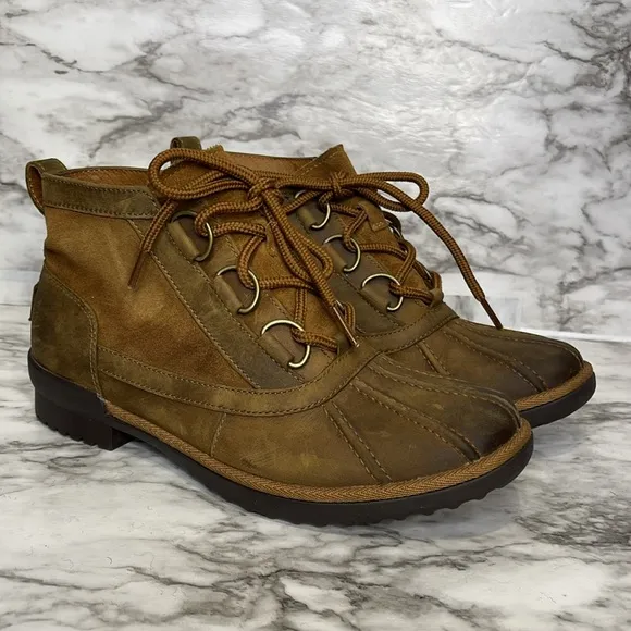 Ugg Hather Ankle Boots Booties Brown Leather Low Block Heel Waterproof 7.5