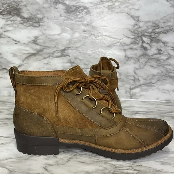 Ugg Hather Ankle Boots Booties Brown Leather Low Block Heel Waterproof 7.5