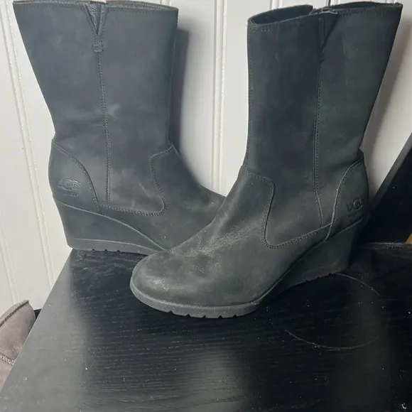 UGG Joely Black Waterproof Leather Wedges Boots Size 6