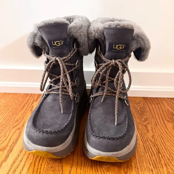 UGG Men's Auden Leather Shearling Sheepskin Boots HOKA Sole Navy Size 8