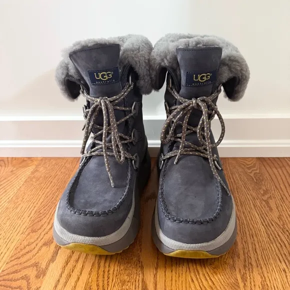 UGG Men's Auden Leather Shearling Sheepskin Boots HOKA Sole Navy Size 8