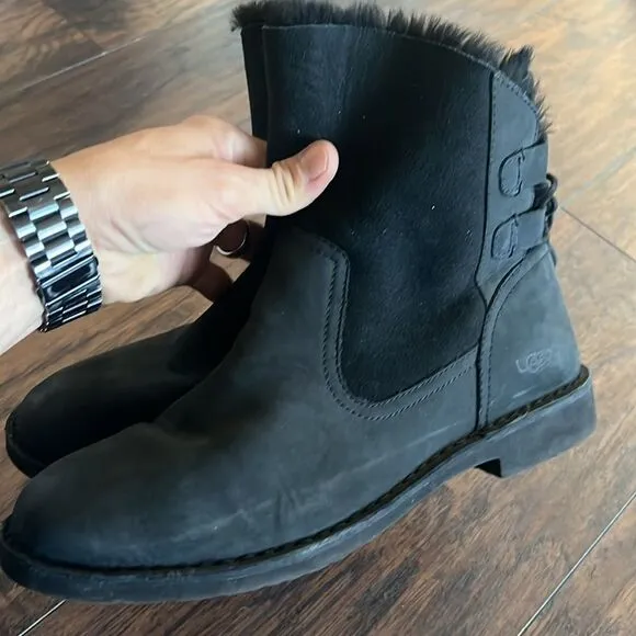 UGG Naiyah Lace Back Sheerling Boots, Black Leather &amp; Suede, Womens Size 11 GUC