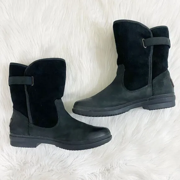 Ugg Oren Black Leather &amp; Suede Waterproof Boots Shearling Lined Women's Size 10