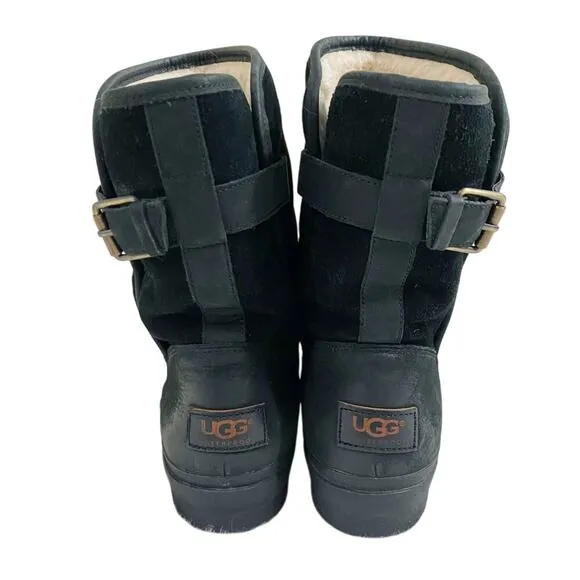 Ugg Oren Black Leather &amp; Suede Waterproof Boots Shearling Lined Women's Size 10