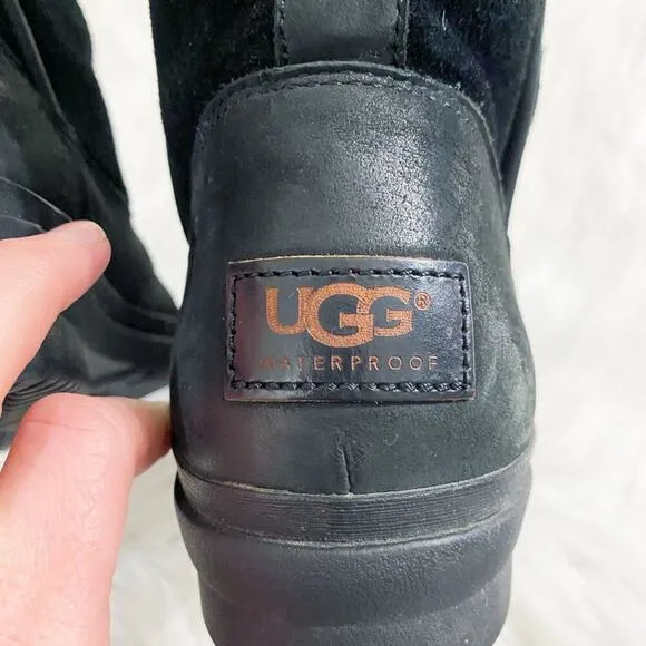 Ugg Oren Black Leather &amp; Suede Waterproof Boots Shearling Lined Women's Size 10