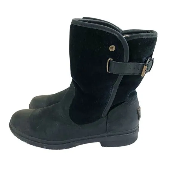 Ugg Oren Black Leather &amp; Suede Waterproof Boots Shearling Lined Women's Size 10