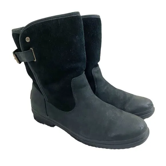 Ugg Oren Black Leather &amp; Suede Waterproof Boots Shearling Lined Women's Size 10